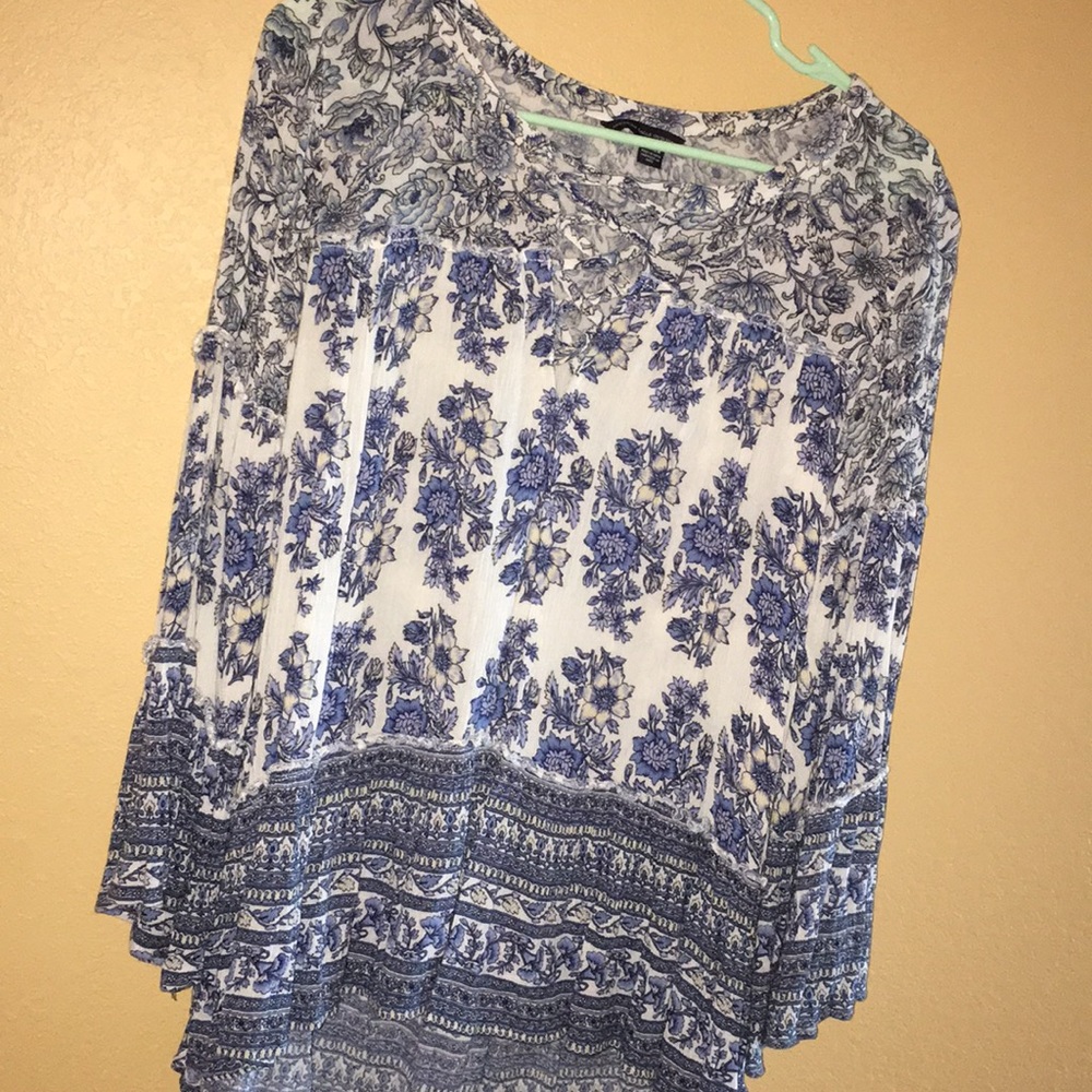 Blue and cream bell sleeve top